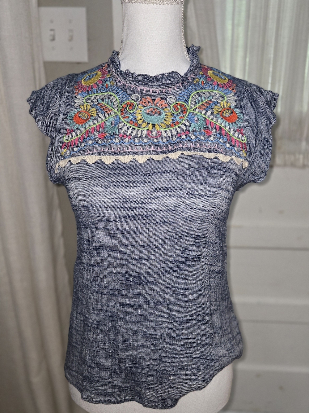 THML Blue Embroidered Cap-Sleeve Knit Top